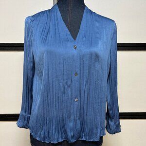 Vince Blue Pleated Button-up V-Neck Satin Blouse, Size XS